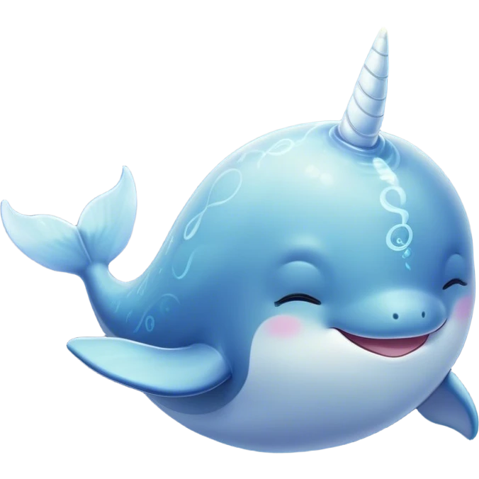 Beautiful and Majestic Cute Narwhal Portrait Emoji, Head and body rendered in serene repose with a gentle, radiant smile, showcasing a streamlined, graceful form adorned with a luminous spiraled tusk and peacefully closed eyes, Simplified yet exquisitely endearing features, highly detailed, glowing with a soft, majestic ocean light, high shine, serene and utterly enchanting, stylized with an air of magical marine splendor, soft glowing outline, capturing the essence of a beautiful and majestic cute narwhal that embodies the quiet wonder of the deep blue! emoji