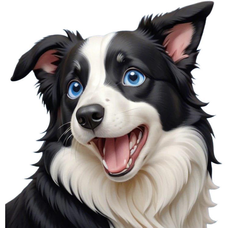 Cinematic Cute Yawning Border Collie Portrait Emoji, Head tilted slightly with a dramatic, wide-open yawn, showcasing a smooth black and white coat, floppy ears slightly drooping, round blue eyes barely open in drowsy contentment, Simplified yet irresistibly adorable features, highly detailed, glowing with a soft, cozy glow, high shine, relaxed yet alert, stylized with a touch of whimsy, bright and endearing, soft glowing outline, capturing the essence of a sleepy yet spirited herder, so drowsy it feels like it could stretch right out of the screen and curl up for a nap! emoji