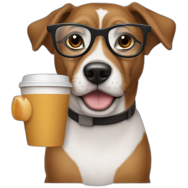 a dog drinking coffee in nerd glasses emoji