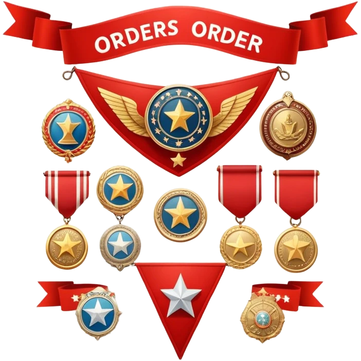 Icon for Collecting Orders, Medals & Badges: a variety of vintage orders and badges, displayed neatly on a big red pennant. The icon should reflect the honor and historical significance of these collectible items. Transparent background. emoji