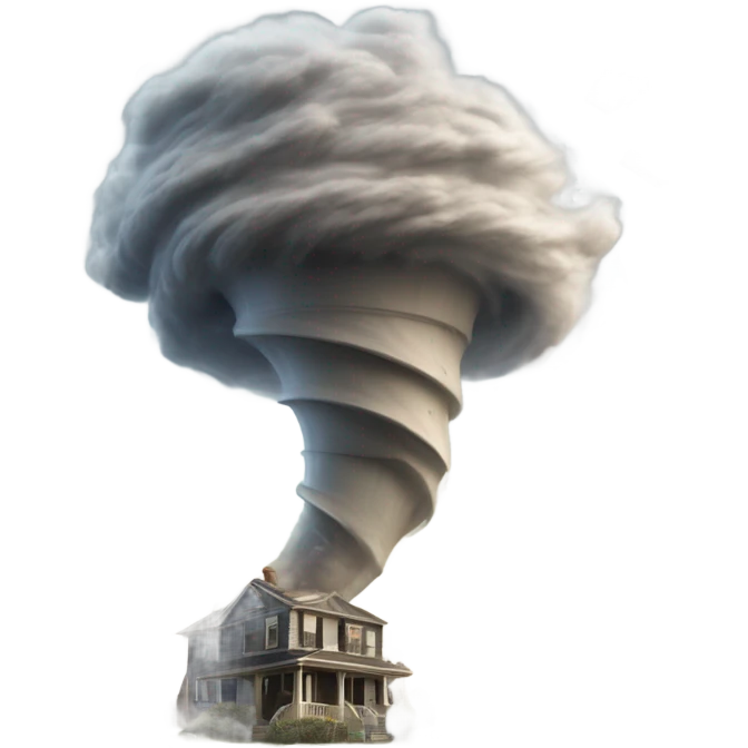  A powerful tornado, made of swirling wind and debris, twisting upward, with dust and objects flying around, creating a chaotic and destructive force. emoji