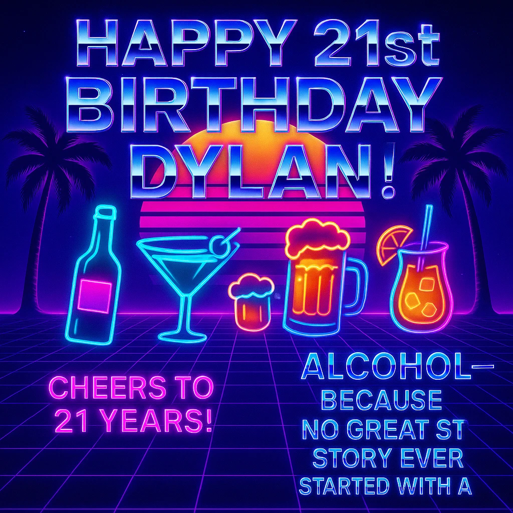 Completely change the style to vaporwave: neon colors, retro 80s grid, palm trees, synthwave sunset, chrome text, and keep the funny drink quote. Make it look digital and bold. emoji
