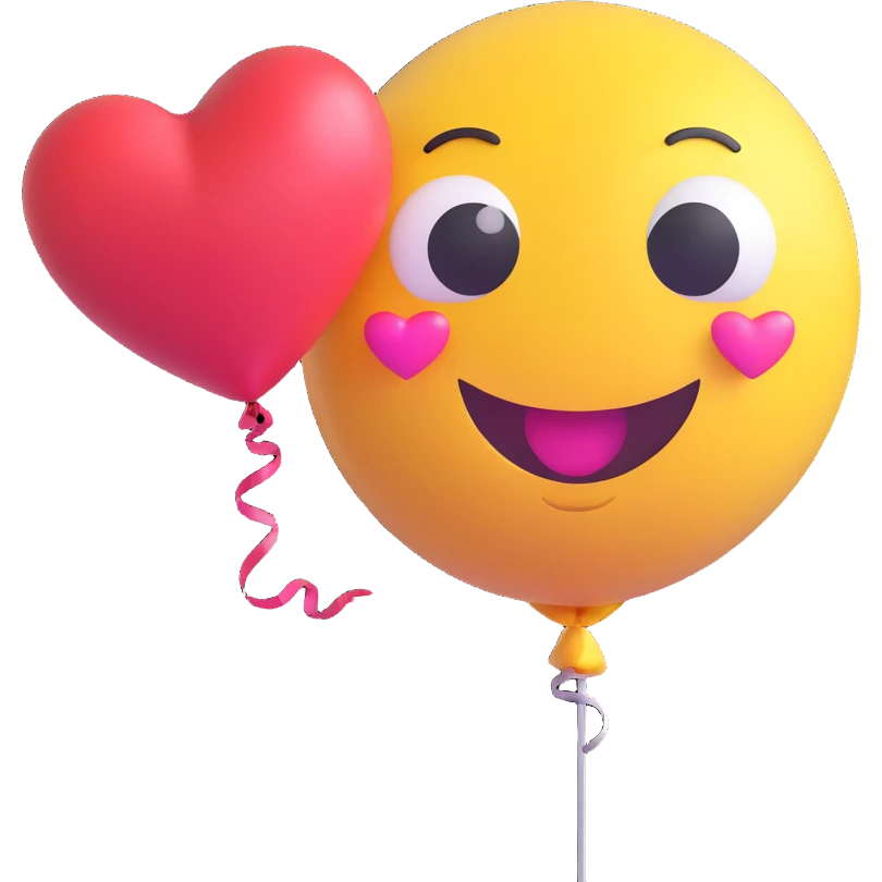 3D smiley emoji, nagy szempillás, szívecskés lufival, örömteli emoji