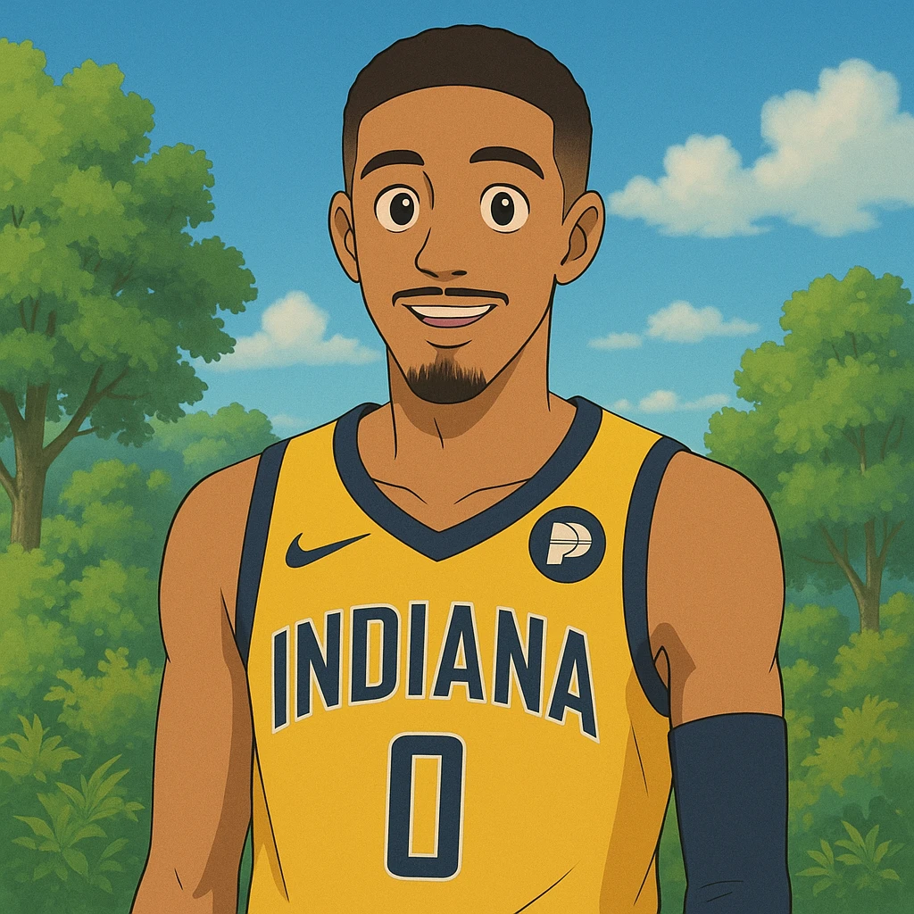 Ghibli-inspired Tyrese Haliburton, Indiana Pacers uniform, friendly expression, lush background, animated look emoji