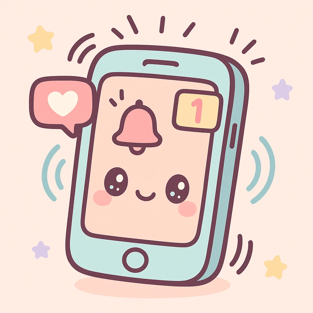 Make the cellphone look busy with multiple notification icons, vibrating lines, and a ringing effect, in kawaii chibi anime style with flat pastel colors, thick outlines, and simple cute features. emoji