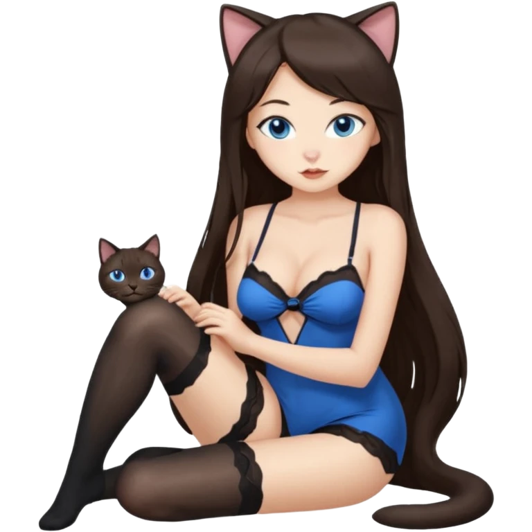 Buxom brunette super long hair intimate sfw blue eyes Asian black nylon stocking pose cat girl emoji