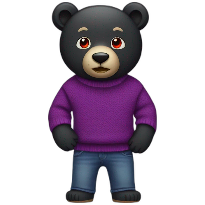 black bear in a purple sweater and purple jeans with red eyes emoji