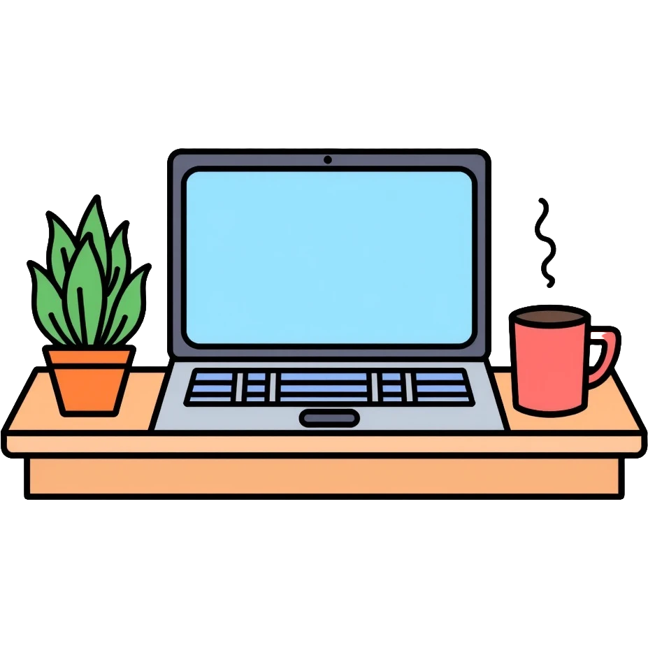 A neat desk workspace with an open laptop, coffee mug, and a small potted plant, minimalist and organized emoji