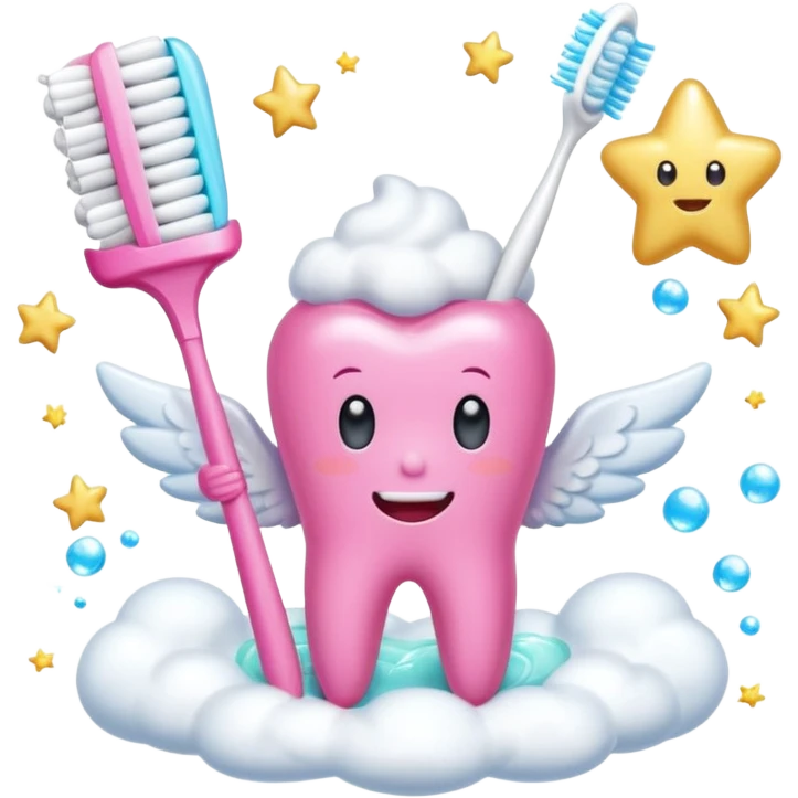 Giant cartoon toothbrush, pink toothbrush, cute molar character with angel wings, tube of pastel toothpaste, sparkles, magical sparkles, shooting stars, fluffy white clouds, soap bubbles, floating tooth fairy coins. emoji
