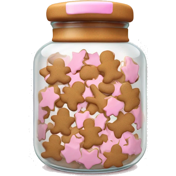 Realistic glass cookie jar with light pink lid full of gingerbread cookies isolated.  emoji