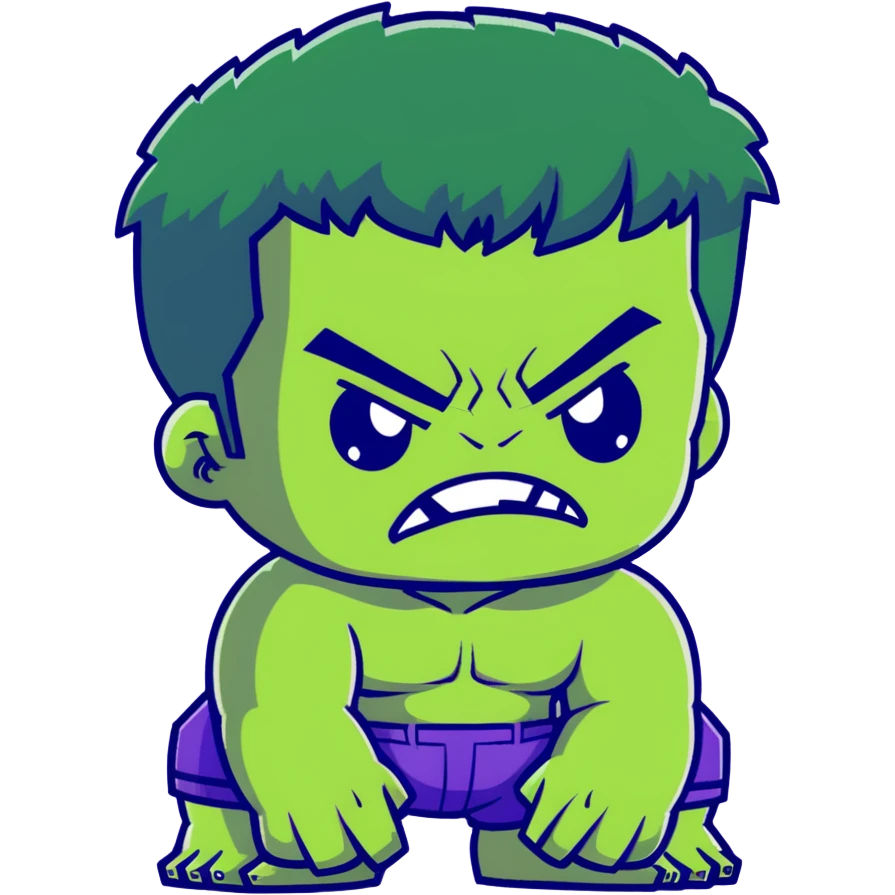 Chibi Hulk, cute small proportions, big head, tiny body, adorable angry expression, green skin, purple shorts emoji