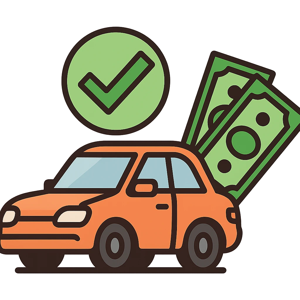 flat toon style car with a big green checkmark and cash, representing approved vehicle finance emoji