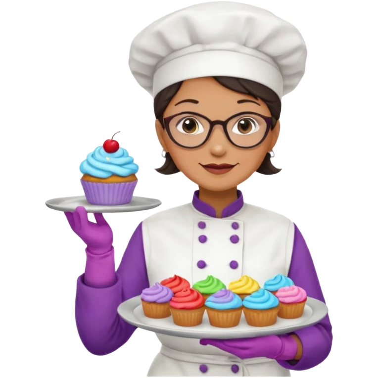Older female pastry chef – round glasses, oven mitts on, holding a tray of cupcakes

 emoji