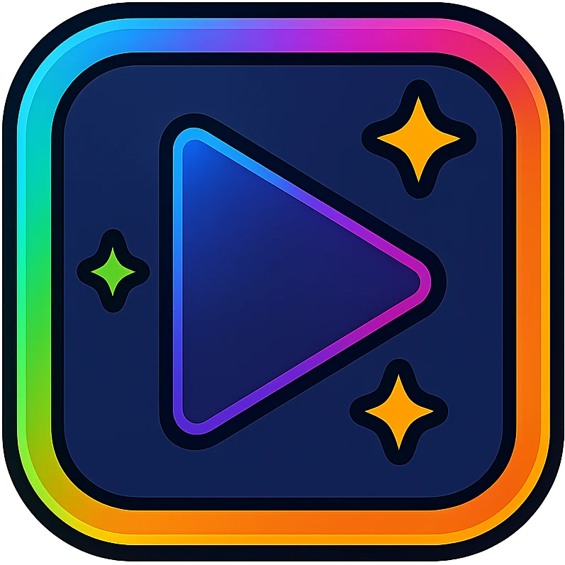 play icon with dark purple, blue, and black base, bright cyan, pink, yellow, green, orange accents, complex gradients, stars, bright neon border, modern clean play symbol, glow and lighting effects, sophisticated futuristic icon style emoji