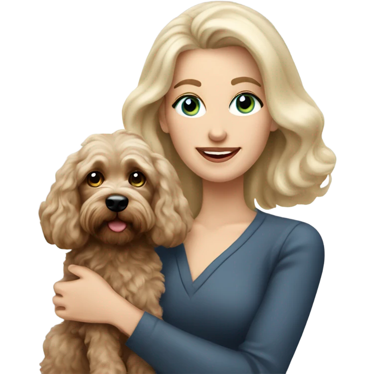 blue eyed old long haired blonde lady with dark brown Cockapoo puppy dog emoji