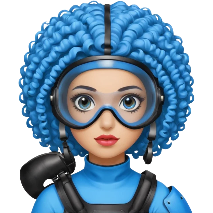 blue curly girl with huge earringswearing paintball with red paintball helmet with eye protection, only face  emoji