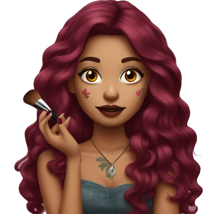 Beautiful tattooed burgundy long haired woman doing her makeup emoji