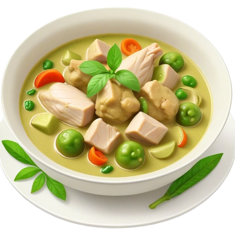 Green Chicken Curry Cinematic Realistic Green Chicken Curry Dish Emoji, depicted as tender chicken chunks simmered in a fragrant green curry sauce with vegetables, rendered with vivid textures and dynamic, vibrant lighting. emoji