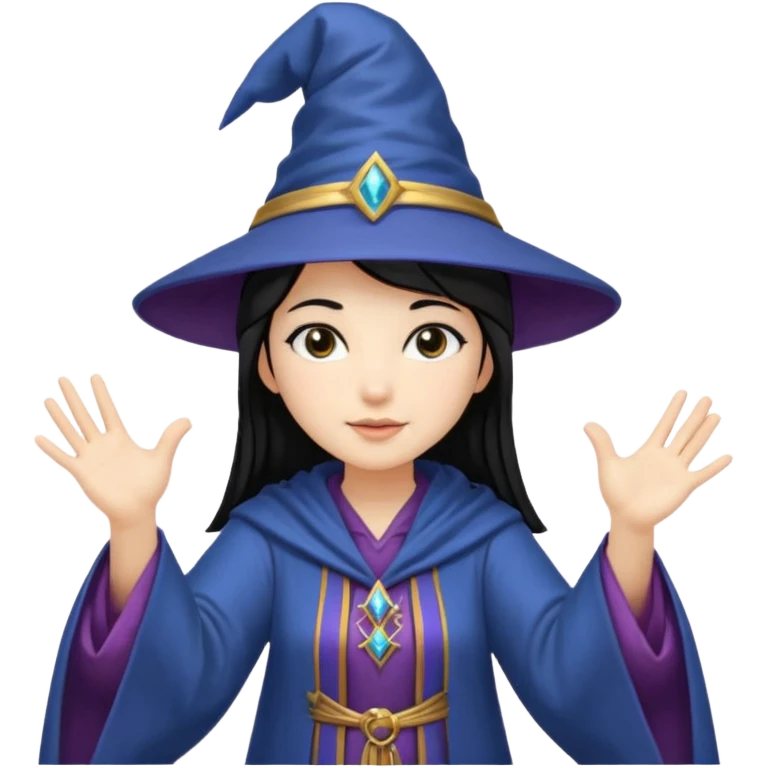 female wizard with black hair under a wizards hat with both hands palm up emoji