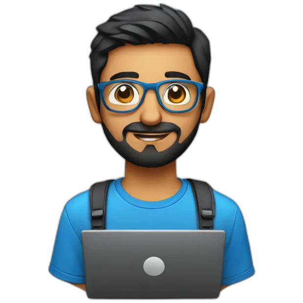 indian physics phd student holding a laser with a short beard and round glasses in a blue t shirt with black hair and a laptop bag emoji