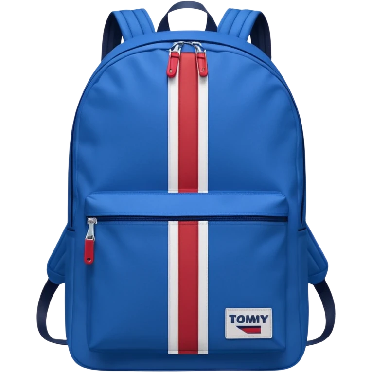 simple blue backpack, at the bottom pocket there is a  logo featuring a Tommy Jeans-inspired logo. The logo looks like a vertical one red, one white. The flag are vertical, not horizontal. Flat

 emoji