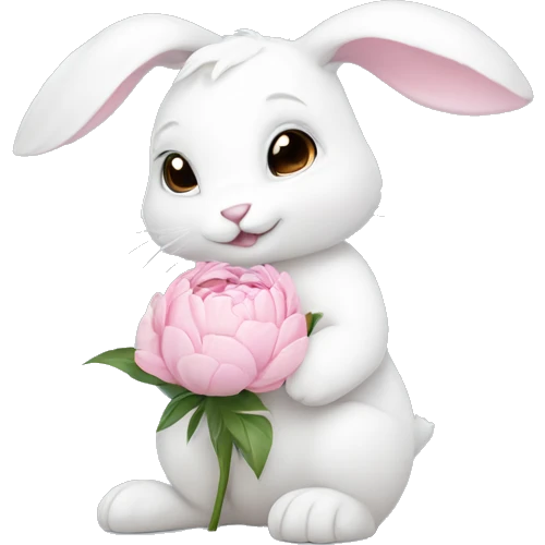 cute white bunny holding light pink peonies emoji