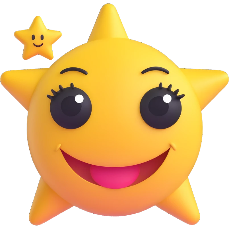 3D smiley emoji, nagy szempillás, csillaggal, szerelmes emoji