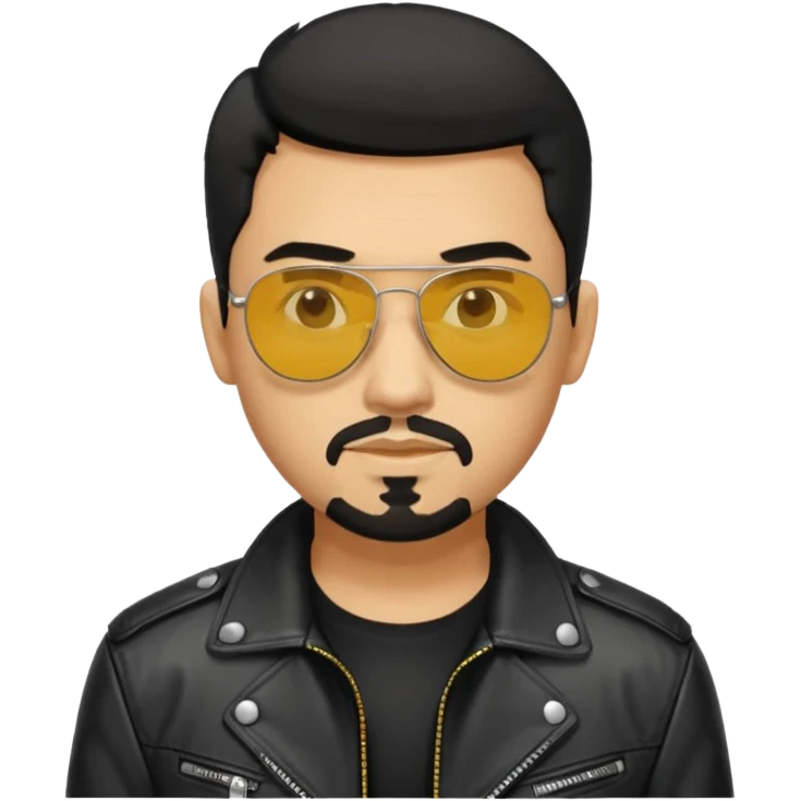A man with middle part black hair sunglasses with yellowish glasses And black jacket. Goatee short black beard emoji