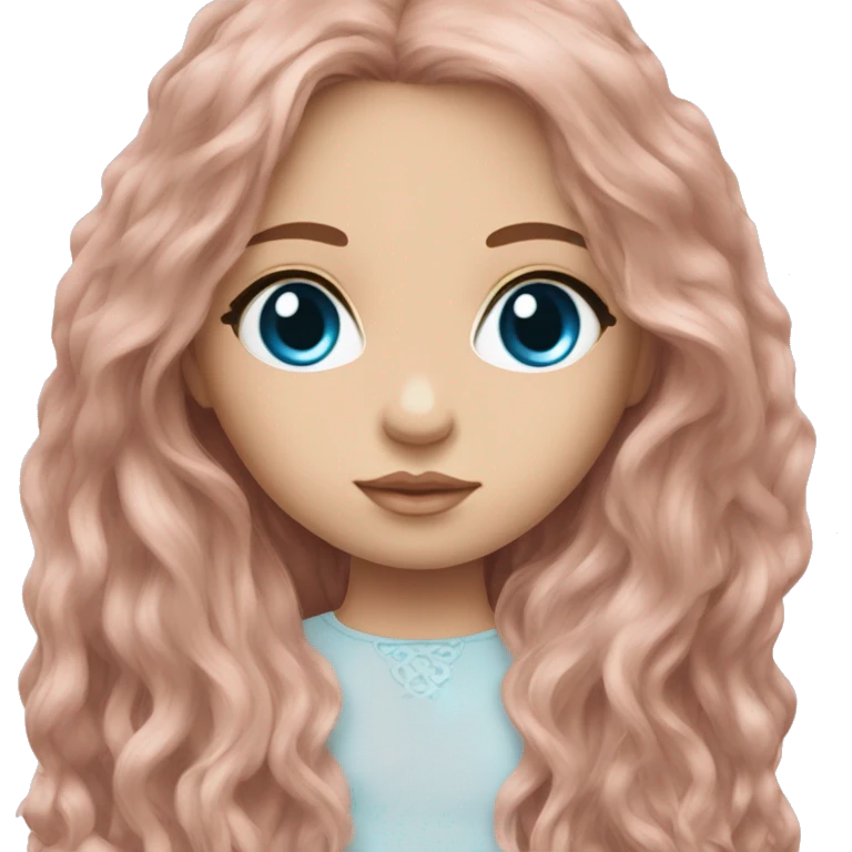 ocean blue doll eyes, brown long hair, feminine, pink, girl, angelic emoji