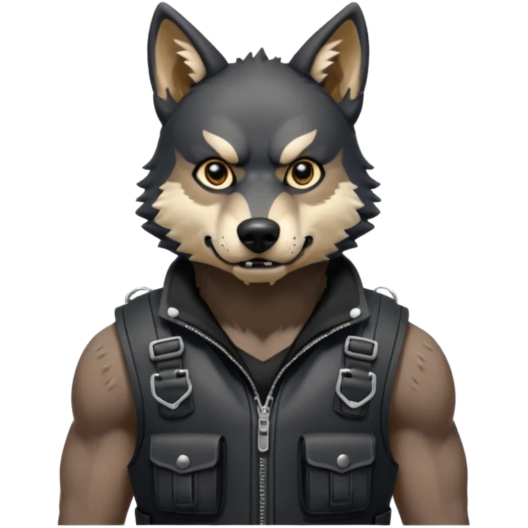 A full black anthropomorphic wolf with white marks, he is wearing a rubber like dog muzzle, and his ears are standing up with a variety of piercings. He has a black tactical vest on, and he is in a grumpy mood, his arms just hanging by his side emoji