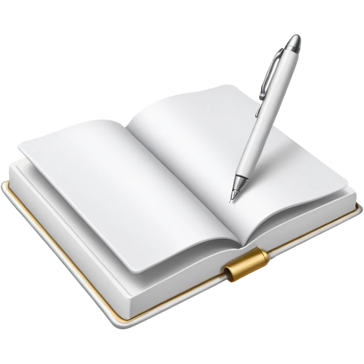 "A white open book,The pen should be positioned as placed exactly in the center between the pages.  if held by a right-handed person - meaning the direction is reversed compared to a left-handed grip. The pen should be uncapped, and the cap placed behind it." emoji