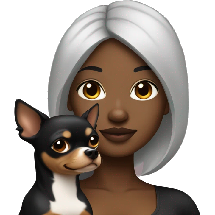 A curvy African American woman with dark skin and straightened black hair holding a black and brown chihuahua  emoji