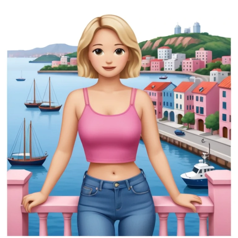 jennifer lawrence, pink crop top, and blue jeans, leaning on a balcony with a harbor and cityscape in the background, smiling emoji