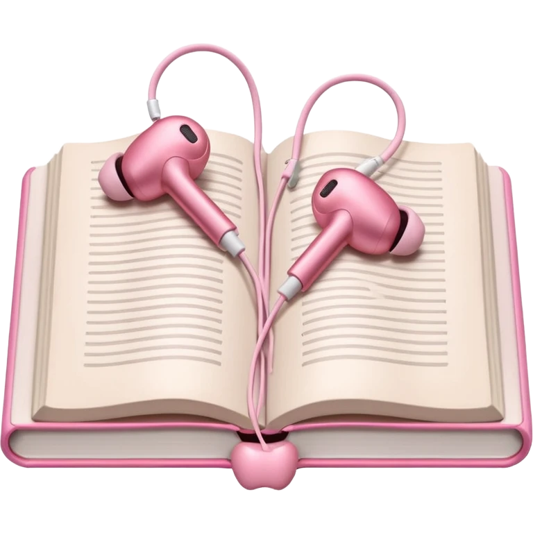  pink Pink Apple-style earbuds lying on an open book, soft pastel tones, cozy and minimal aesthetic, realistic lighting and shadows, top-down view, transparent background" emoji