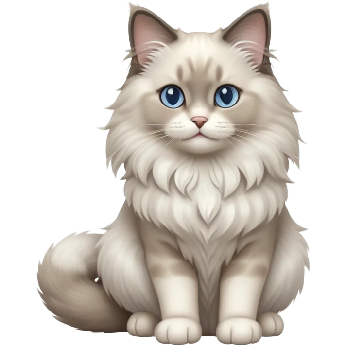 cinematic-[Ragdoll cat]-realistic-full-body-sitting-emoji,-tail-curled-playfully-around-its-paws,-head-tilted-dramatically,-fluffy-[grey ragdoll cat]-fur,-simplified-yet-realistic-focused-features,-highly-detailed,-glowing-with-an-almost-sarcastic-glow emoji