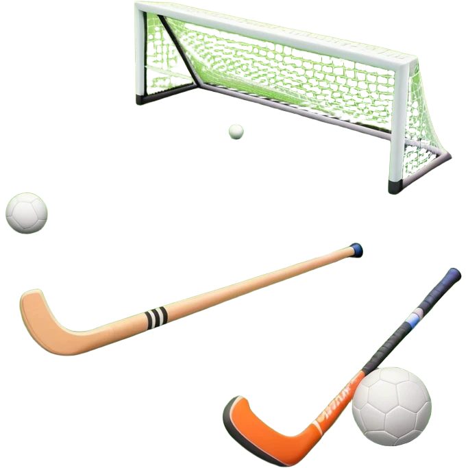 A field hockey stick and ball on a vibrant green grass field, with goalposts and clear field markings in the background. The scene emphasizes the bright, lush grass, highlighting the fast-paced and strategic nature of hockey on a well-maintained pitch. emoji