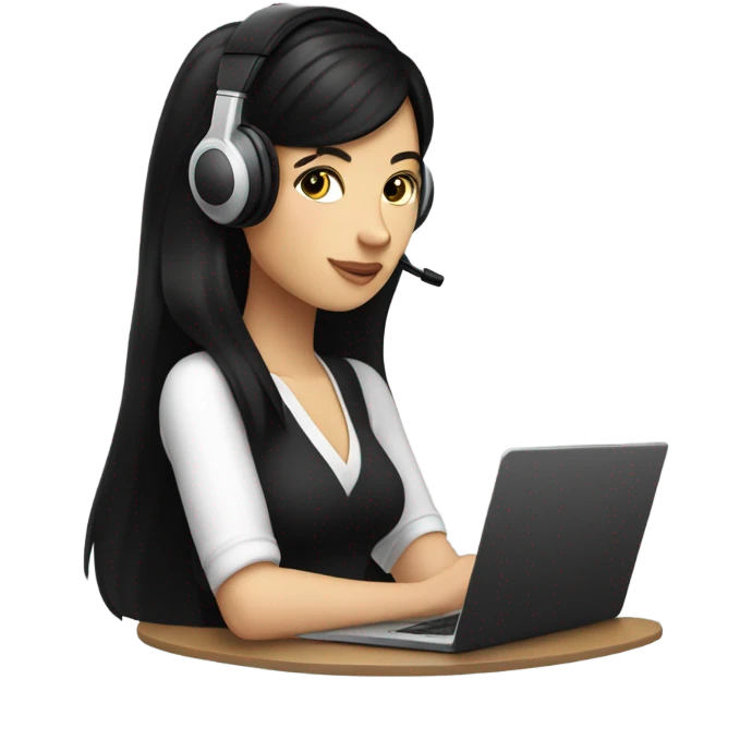 black hair white girl in a black headphones，sipping an iced Americano while holding a laptop emoji
