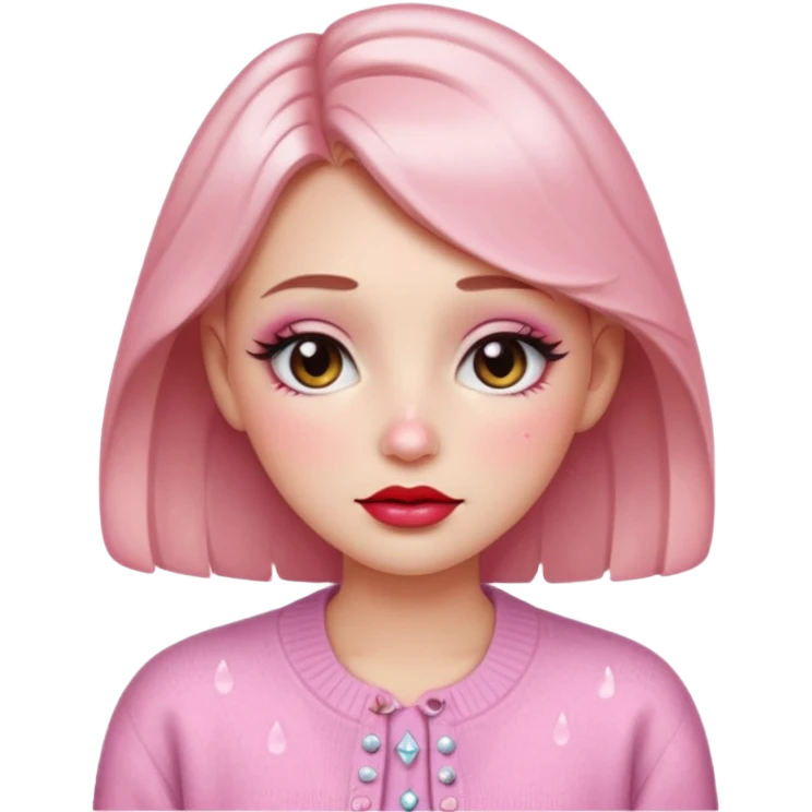 “Emoji girl, dewy skin, heavy blush across cheeks and nose bridge, glossy cherry lips, soft eyeliner, teary sparkling eyes, pastel cardigan.” emoji