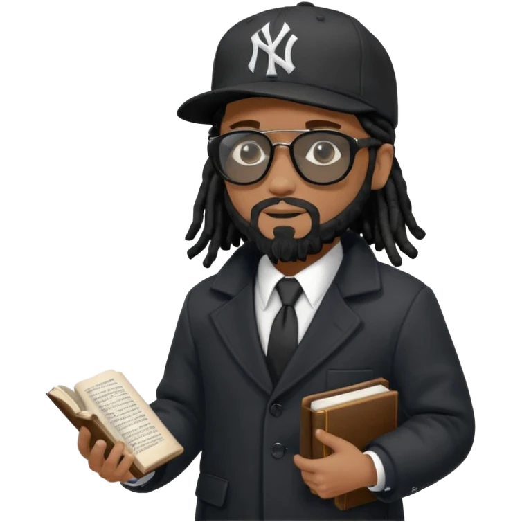 African American man with shoulder length black dreadlocks with black beard wearing black sunglasses wearing a black bubble winter coat wearing a black New York Yankees logo baseball cap wearing a suit and tie walking with a Bible emoji