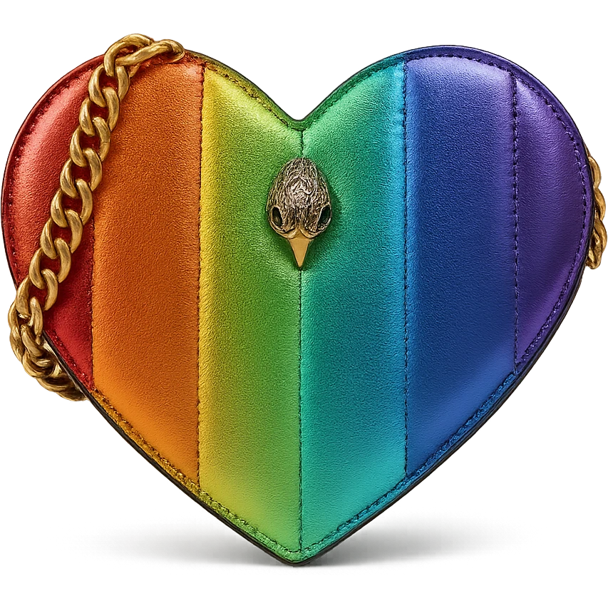rainbow-colored heart purse in the style of Kurt Geiger, metallic rainbow panels, signature eagle head clasp, elegant and trendy emoji