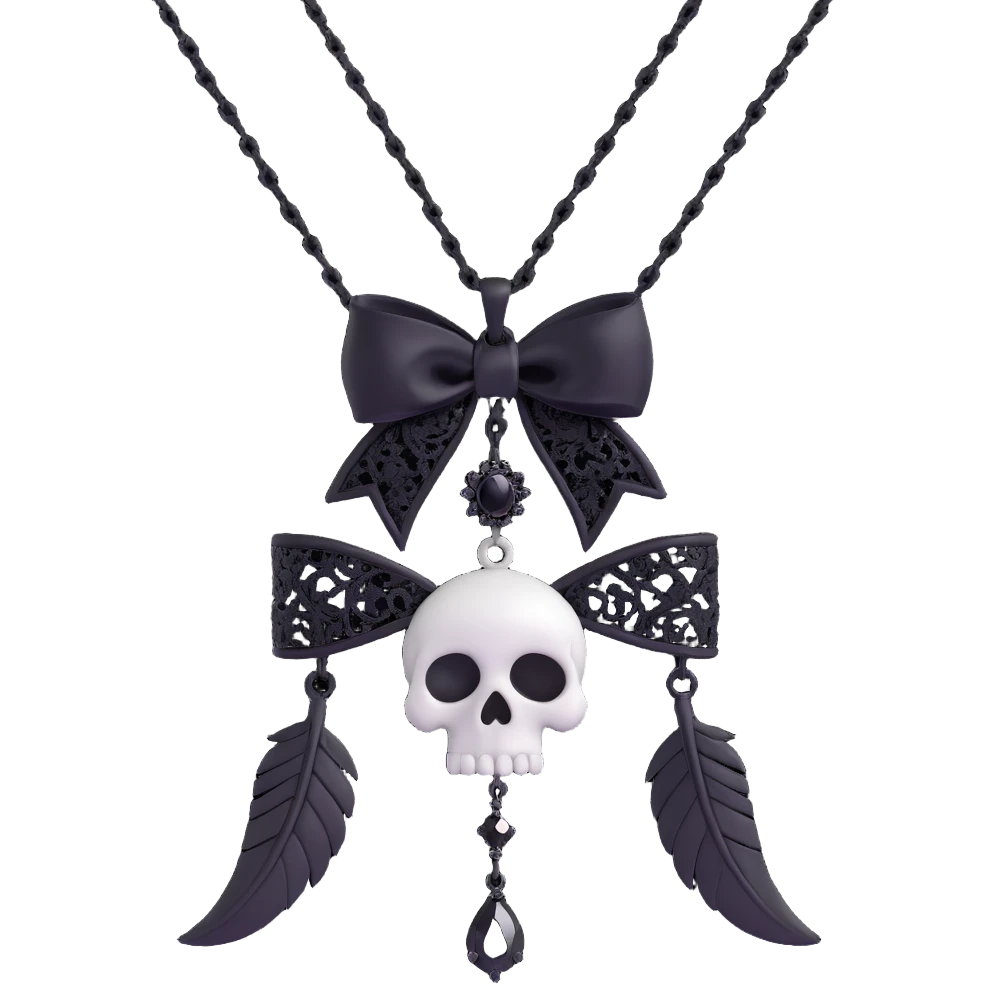 gothic bow, white satin, silver skull charm, black feather accents, black gemstone, black chain fringe, black lace overlay emoji