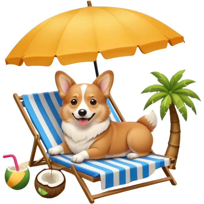 a corgi dog laied on a beach chair, a sunny beach, a sun umbrella, and beach coconut trees. the icon should capture the essence of a relaxing beach vacation with a carefree atmosphere emoji