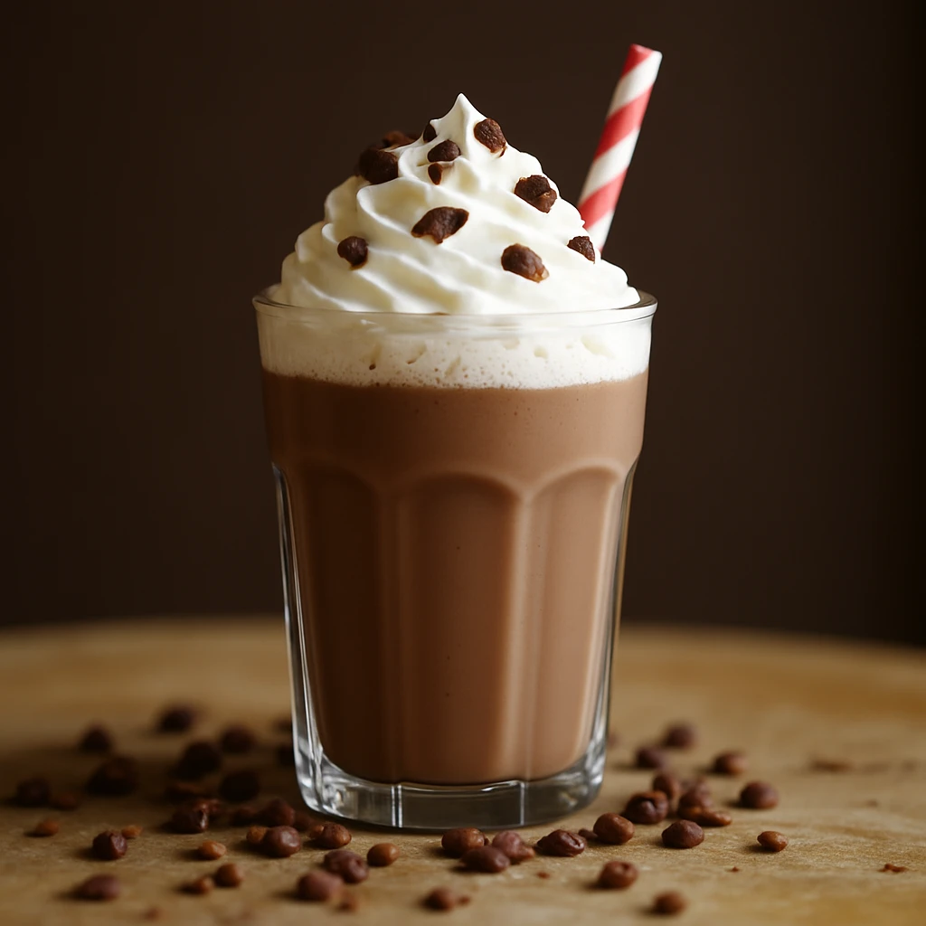 Add whipped cream on top of the chocolate milkshake, keep the realistic style. emoji
