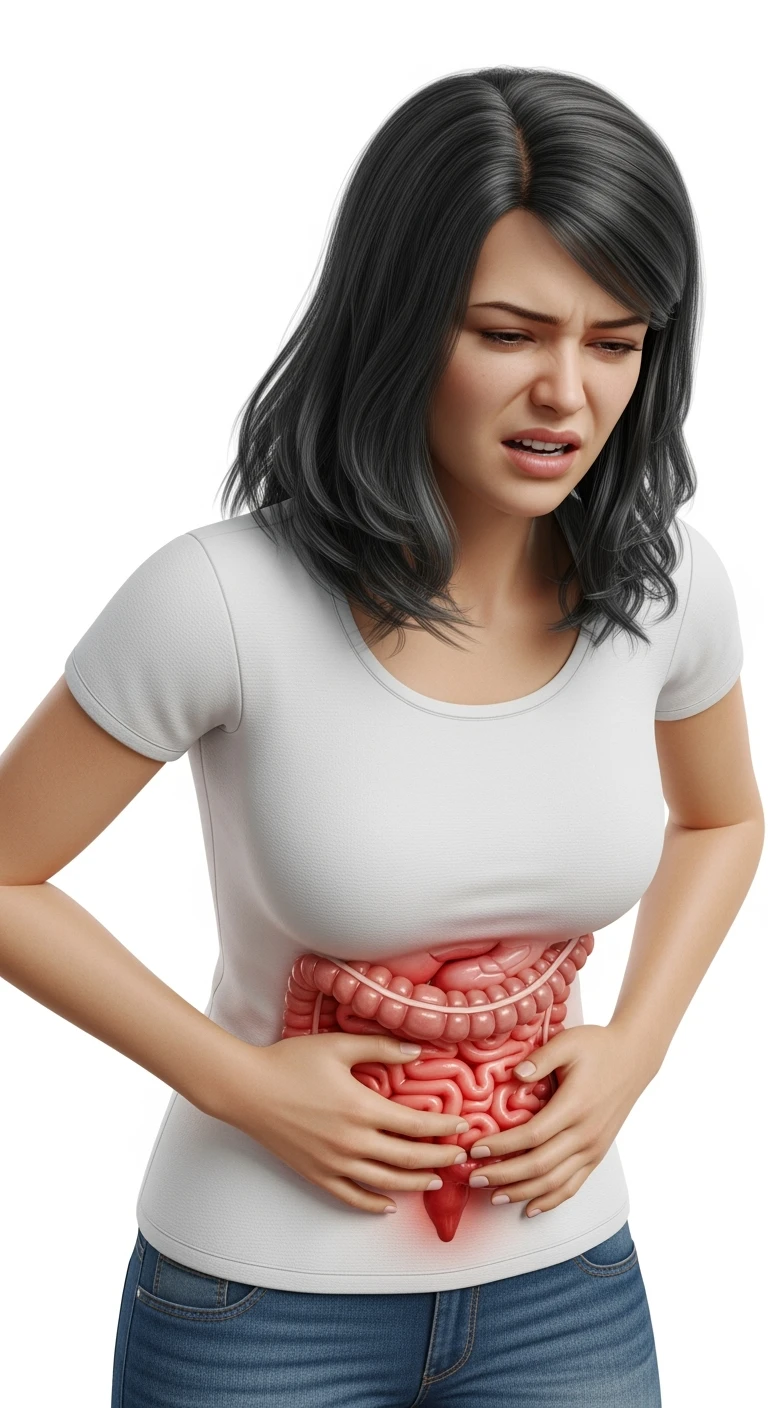 UNA DONNA REALISTICA con mal di pancia, INTESTINO ANATOMICO INFIAMMATO VISIBILE, MAL DI PANCIA, ISOLATA SU SFONDO BIANCO, IPERREALISTICA 4K emoji