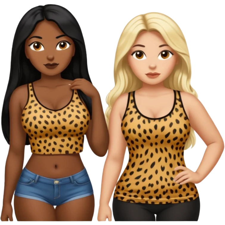 Tan Latina woman with long black hair chubby and black dark skinned woman with long blonde hair slim thick in cheetah top sexy emoji