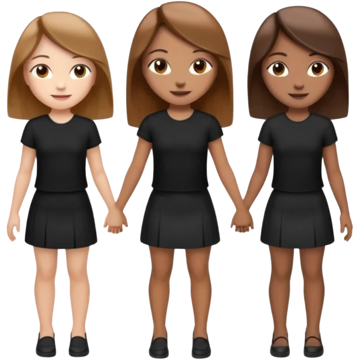 emoji of a girl with long, straight light brown hair, fair skin, soft brown eyes. Wearing a stylish black top and mini skirt. Full-height, standing confidently with shoulders back, head up, smiling proudly. Surrounded by 3 women next to her, holding hands. women are of diferent race emoji