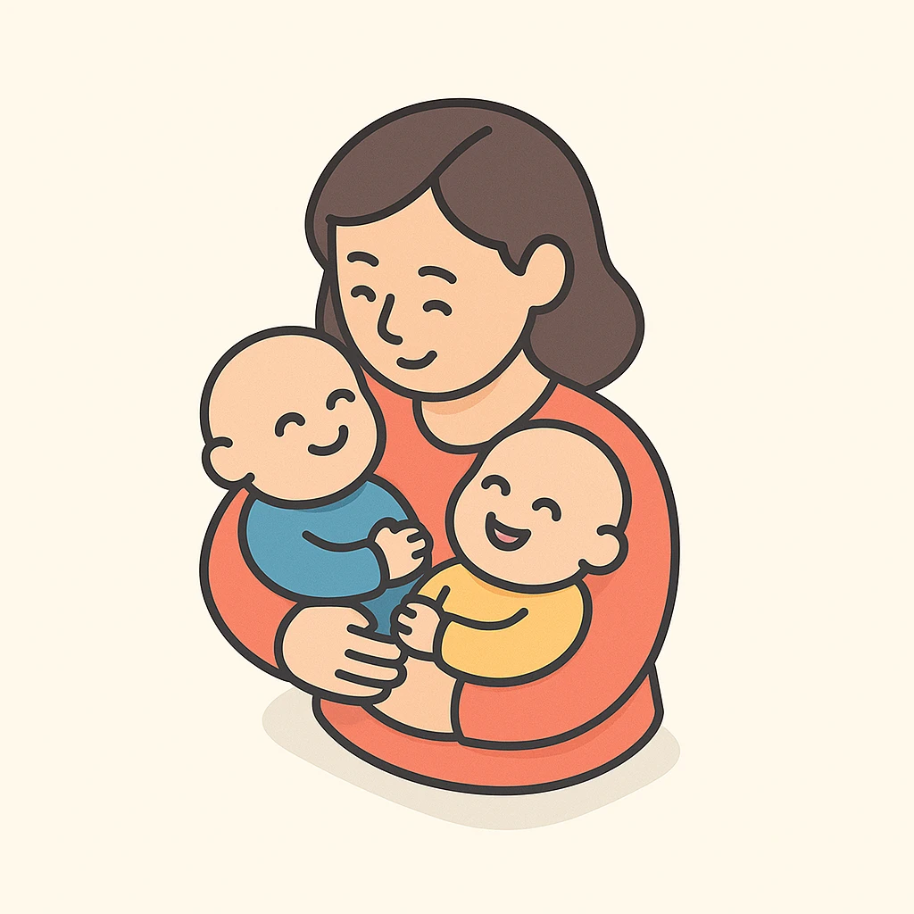 a mother hugging two babies close to her chest, both babies smiling, 2D isometric illustration style emoji