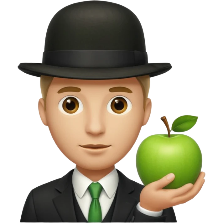 homme en costume chapeu melon, grosse pomme verte devant visage emoji