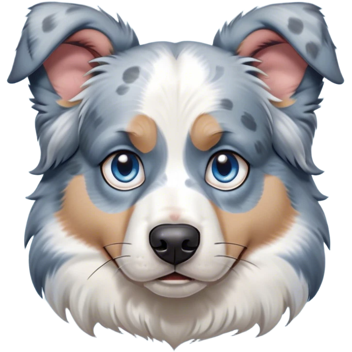 Cinematic Grumpy Blue Merle and White Australian Shepherd Portrait Emoji, Head tilted slightly with a deeply unimpressed expression, thick blue merle fur with crisp white markings, large, droopy blue eyes narrowed into an unamused glare, ears slightly drooping in exasperation, Simplified yet comically expressive features, highly detailed, glowing with a dry, sarcastic glow, high shine, effortlessly judgmental yet dignified, stylized with a touch of cynicism, bright but brooding, soft glowing outline, capturing the essence of an eternally unimpressed yet endearing pup, so lifelike it feels like it could sigh heavily at you in disdain at any moment! emoji