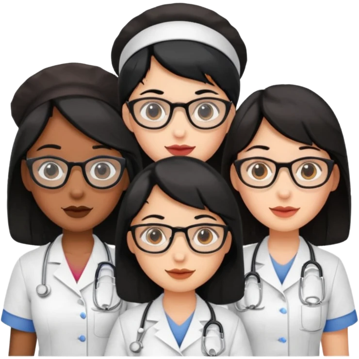 Genera un emogis con cuatro enfermeras pelinegra juntas, entre ellas una con lentes y otra con lunar encima del labio emoji